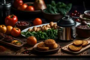 a table with various foods including bread, vegetables and meat. AI-Generated photo