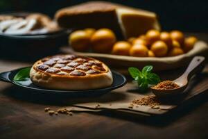 un plato de comida con pan, queso y otro ingredientes. generado por ai foto