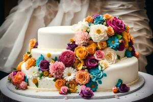 a wedding cake with colorful flowers on top. AI-Generated photo