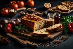 un pan con Tomates, hierbas y especias en un corte tablero. generado por ai foto