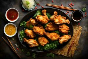 chicken wings with sauce and chopsticks on a black plate. AI-Generated photo