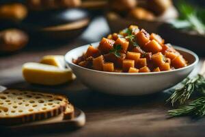 a bowl of sweet potato with herbs and bread. AI-Generated photo