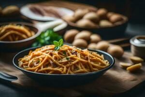 spaghetti with meat and vegetables in a bowl. AI-Generated photo