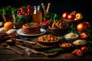 various foods are arranged on a table. AI-Generated photo