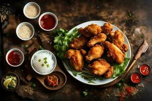 fried chicken wings with sauce and rice on a wooden table. AI-Generated photo