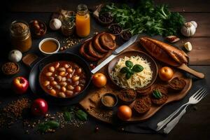 el comida es arreglado en un de madera mesa. generado por ai foto