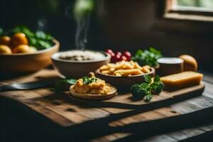 a wooden table with bowls of food and a bowl of soup. AI-Generated photo