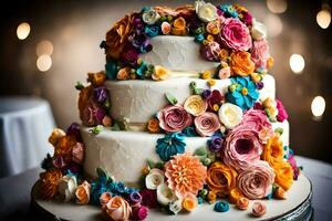 a three tiered cake with colorful flowers on top. AI-Generated photo