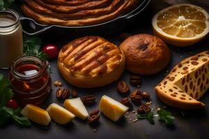 various types of bread, cheese and other foods on a black background. AI-Generated photo