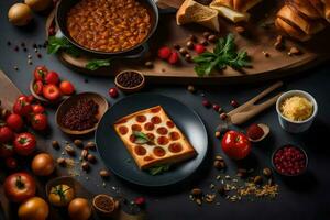 pepperoni pizza with tomato sauce and vegetables on a black table. AI-Generated photo