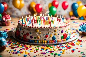 a birthday cake with candles on top and colorful confetti. AI-Generated photo