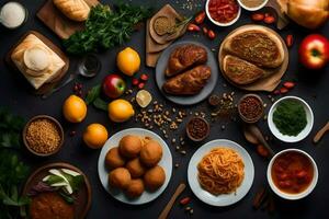 various foods and ingredients are arranged on a table. AI-Generated photo