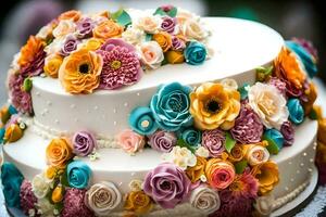 a cake decorated with colorful flowers. AI-Generated photo