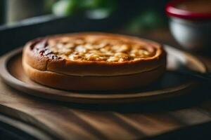 a small pastry on a wooden plate. AI-Generated photo