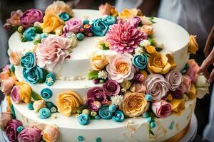 a large white cake with colorful flowers on it. AI-Generated photo