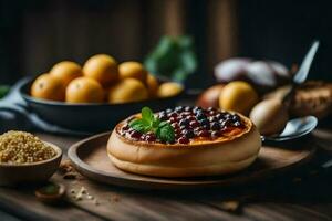 queso tarta con bayas y nueces en un de madera mesa. generado por ai foto