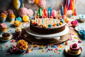 birthday cake with candles and confetti. AI-Generated photo