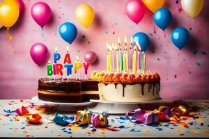 cumpleaños pastel con velas y globos generado por ai foto