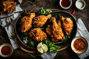 fried chicken with sauce and garnish on a wooden table. AI-Generated photo