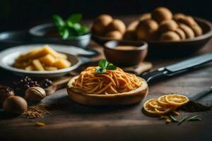 spaghetti with meatballs and vegetables on a wooden table. AI-Generated photo