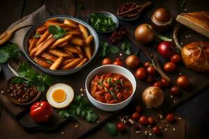 french fries, tomatoes, eggs, bread and other ingredients on a wooden table. AI-Generated photo