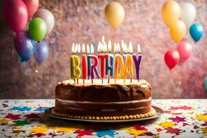 a birthday cake with candles is lit on a table. AI-Generated photo