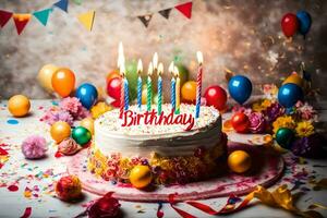 un cumpleaños pastel con velas y globos en un mesa. generado por ai foto