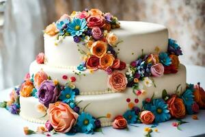 a three tiered cake with colorful flowers on top. AI-Generated photo