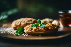baguette with cheese and herbs on a wooden plate. AI-Generated photo