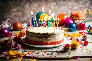 a birthday cake with candles on top. AI-Generated photo