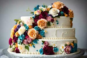 a three tiered cake with colorful flowers on top. AI-Generated photo