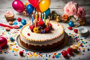 a birthday cake with candles and balloons. AI-Generated photo