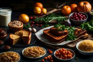 varios comidas incluso pan, pasta, vegetales y leche. generado por ai foto