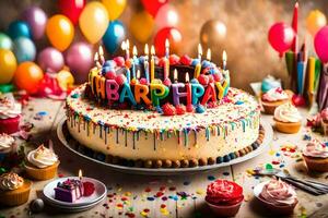 a birthday cake with colorful candles and balloons. AI-Generated photo