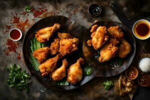 chicken wings on a plate with sauce and green onions. AI-Generated photo