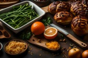 a table with various foods including bread, oranges, and green beans. AI-Generated photo