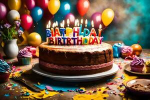 un cumpleaños pastel con velas y papel picado es mostrado. generado por ai foto