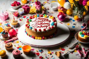 a birthday cake with colorful confetti and decorations. AI-Generated photo