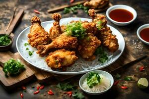 chicken wings with rice and sauce on a wooden table. AI-Generated photo