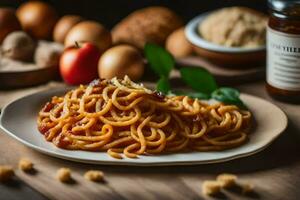 spaghetti with tomato sauce on a plate. AI-Generated photo