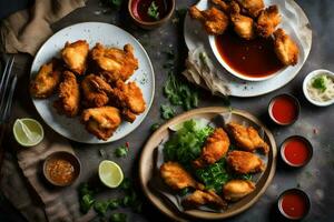 chicken wings with dipping sauce and other ingredients. AI-Generated photo