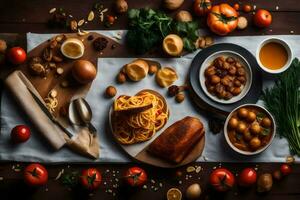 a table with various foods including pasta, vegetables and bread. AI-Generated photo