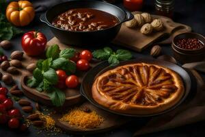 a variety of food including pizza, chili and other ingredients. AI-Generated photo