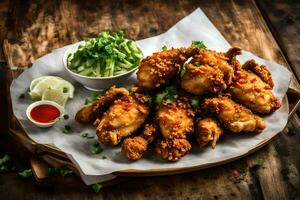 fried chicken wings with dipping sauce on a wooden table. AI-Generated photo