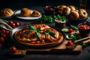 a plate of food with bread, tomatoes and other ingredients. AI-Generated photo