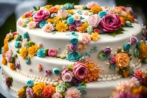 a white cake with colorful flowers on it. AI-Generated photo