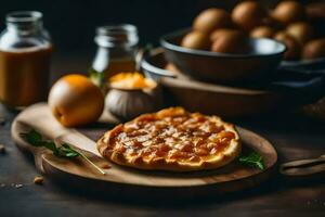 un Pizza en un de madera corte tablero con huevos y otro ingredientes. generado por ai foto