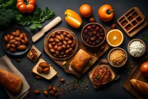 various foods including bread, nuts, and other ingredients. AI-Generated photo