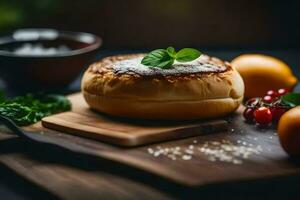 a bread roll with cheese and herbs on a wooden cutting board. AI-Generated photo