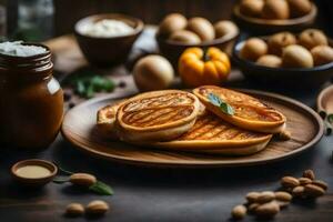 grilled bread with eggs and nuts on a wooden table. AI-Generated photo